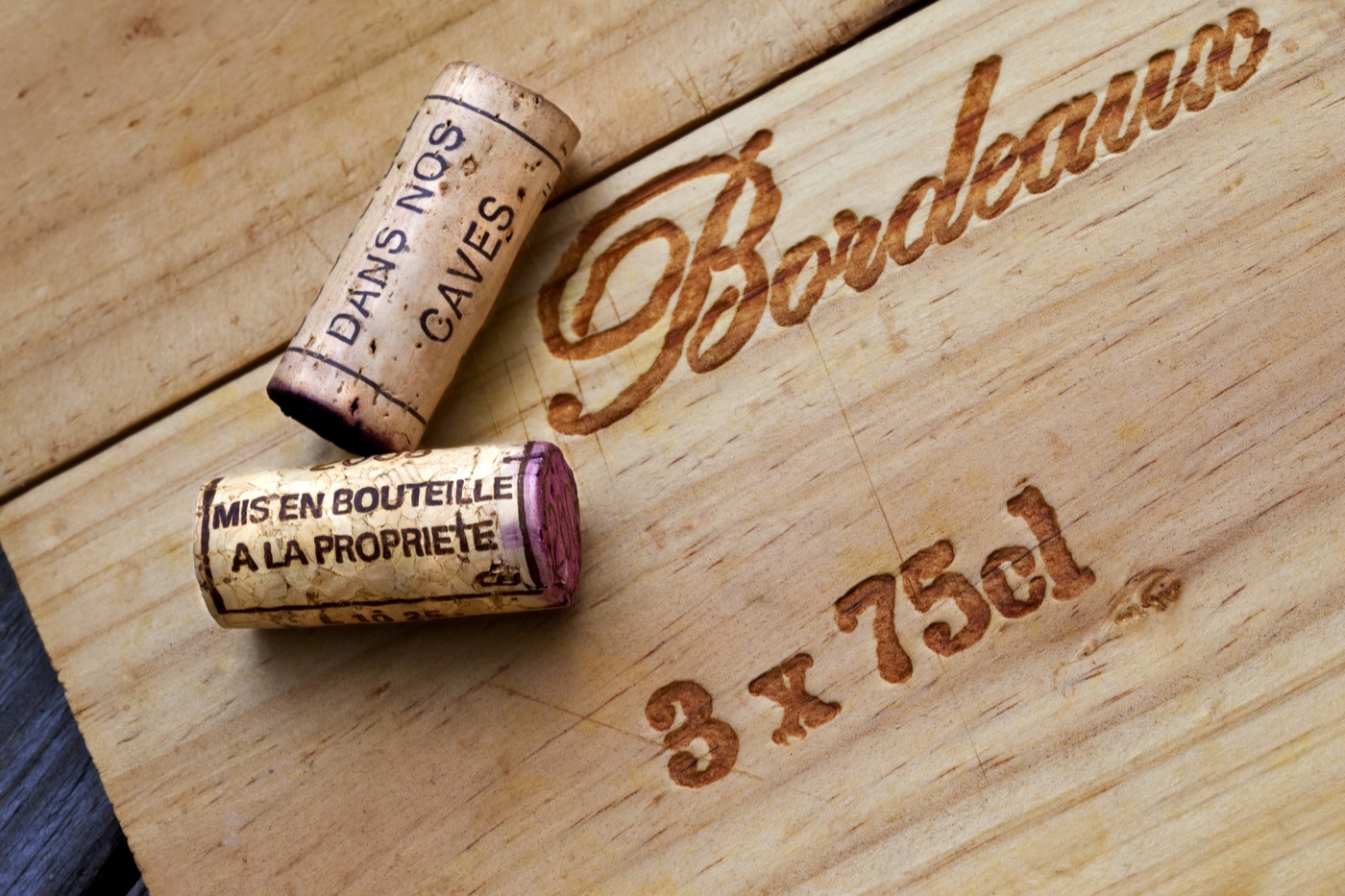 Bordeaux wine crates and corks