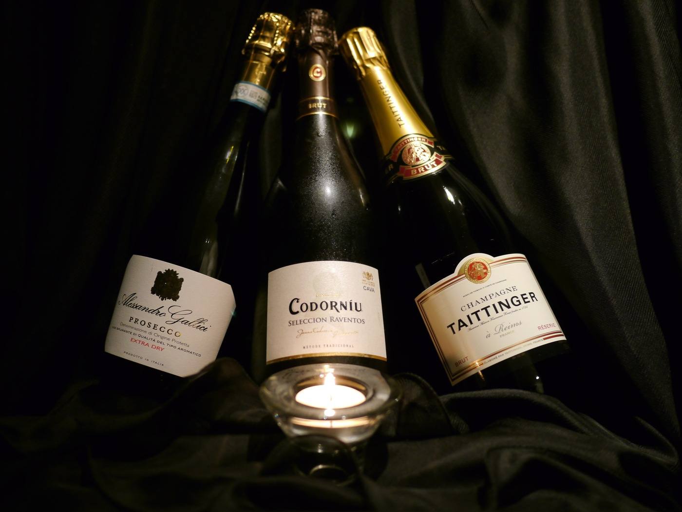 Three types of sparkling wine: Prosecco, Cava and Champagne