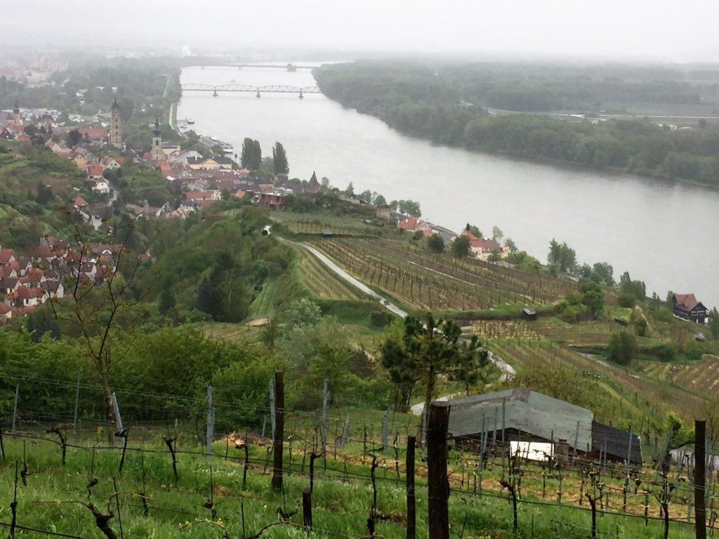View of the Danube in Wachau with rain and grey skies