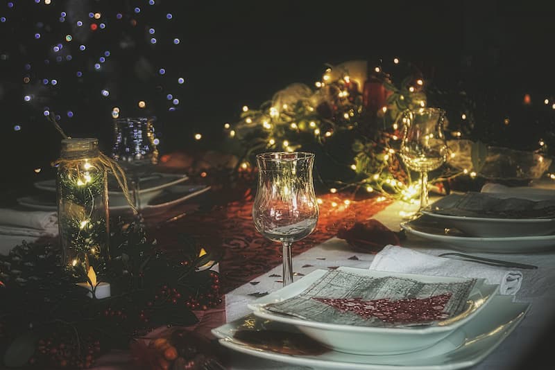 Festive dinner with Christmas wine
