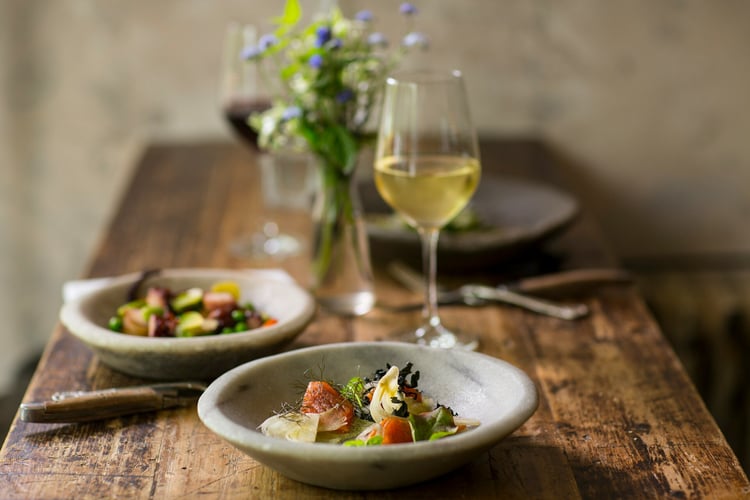 Wine and food pairing on a table with lovely food